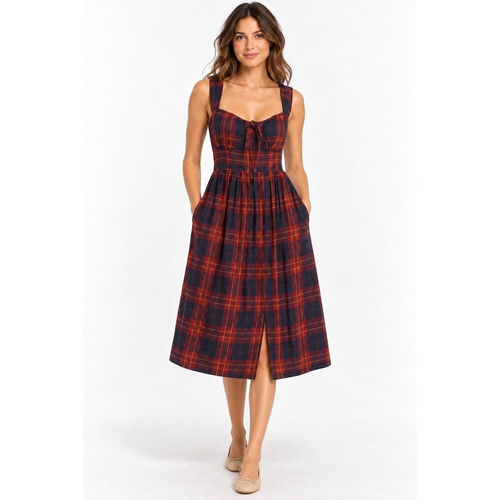 Bluivy Plaid Cotton Midi Dress Small Tie Front Corset Style Cottagecore Pockets